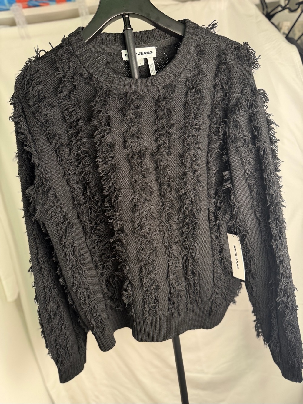 Dkny Black Fringed Crewneck Sweater